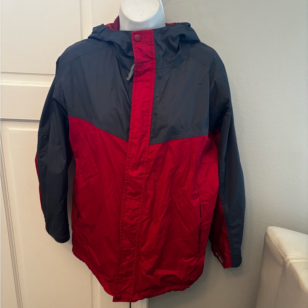Women's L 12-14 REI rain jacket windbreaker Red gray hooded